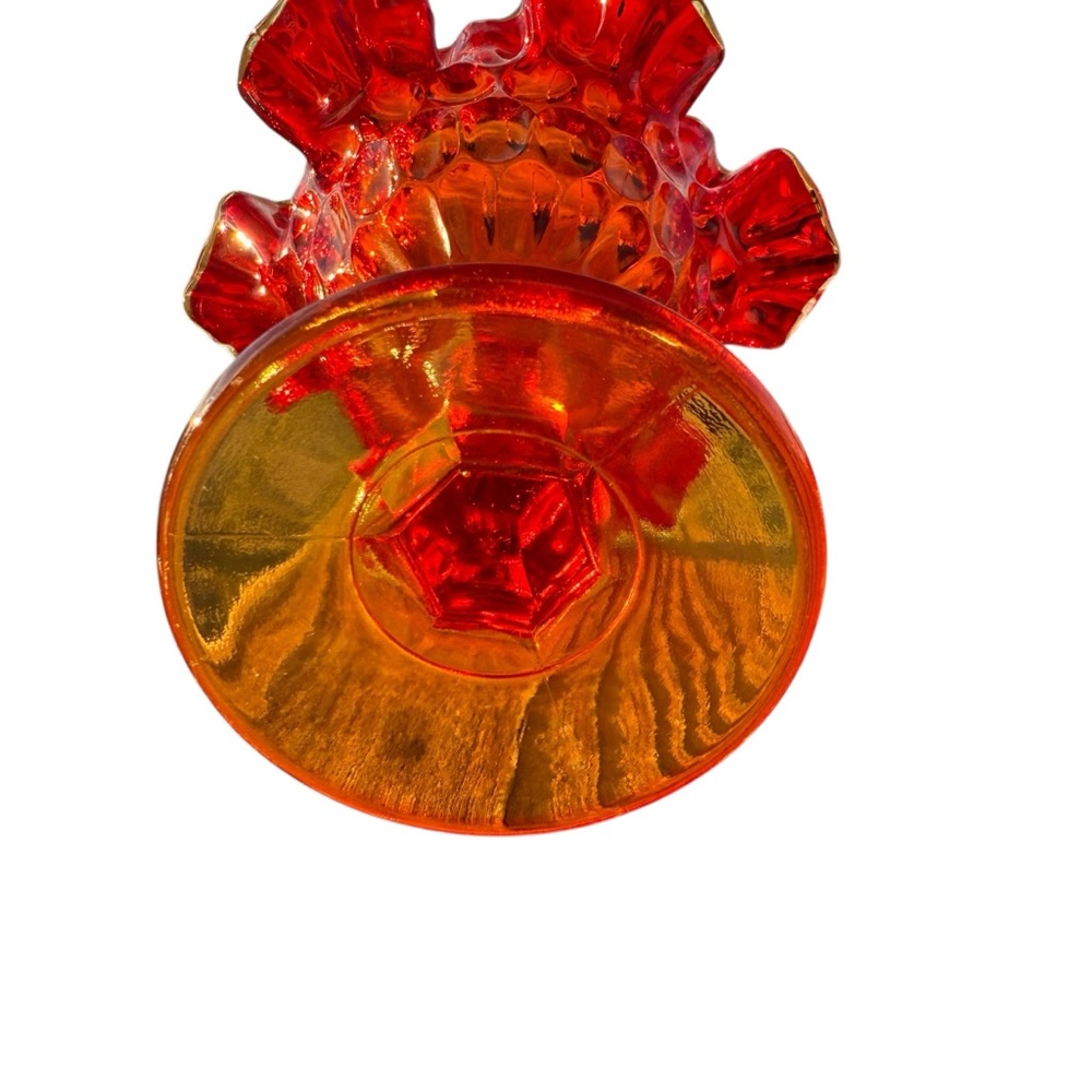 VINTAGE RED CARNIVAL GLASS COMPOTE WITH RUFFLED EDGE - Picture 8 of 12